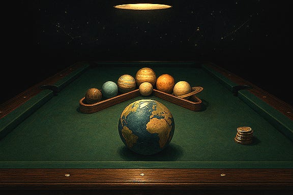 Create a symbolic image of a pool table set for play. Inside the triangle rack, place the planets of the solar system as billiard balls. Use the Globe Earth as the cue ball. The room is dark, with only the table illuminated. In the surrounding darkness, show flickers of constellations. No players or pool cues are visible. On the side of the table, depict a mound of 10p coins. View the table from the frame of the planets in the foreground, making their identities clear. Style: mythic, surreal, symbolic.