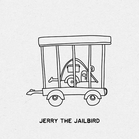 Whimsical trailer concepts, each with a unique name assigned such as Bob the Bomb, Jerry the Jailbird, Doug the Detective, Cory the Accordion, Debbie the Door, Dilbert the Diner, Micky the Misunderstood, Carrie the Carriage, Klein the Inclined