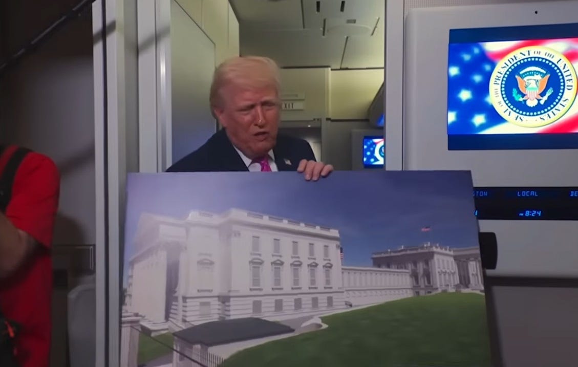 video screenshot showing Donald Trump on Air Force One, holding up a 3D computer rendering of his stupid ballroom at the doorway to the press cabin of the plane. 