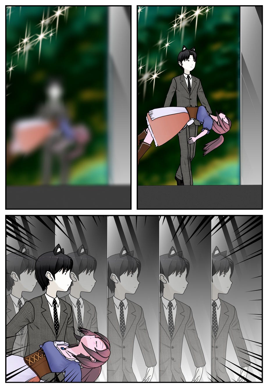 Still carrying Vana, Ace walks past a wall of mirrors and is shocked to notice that Vana has no reflection.