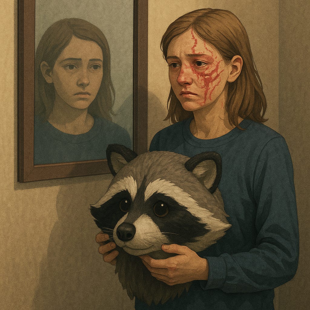a girl with a scarred face holds a raccoon character mask 