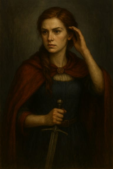 portrait of Ireena Kolyana, a noblewoman from Barovia in Curse of Strahd, with auburn hair, blue eyes, wearing a red and gold gown, standing against a misty gothic backdrop
