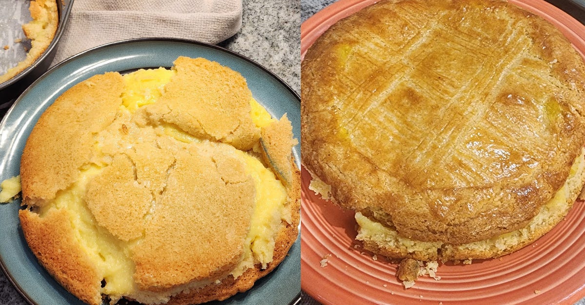 Undercooked cake bottom on the left. The browned and glazed pretty side on the right of a gateau basque