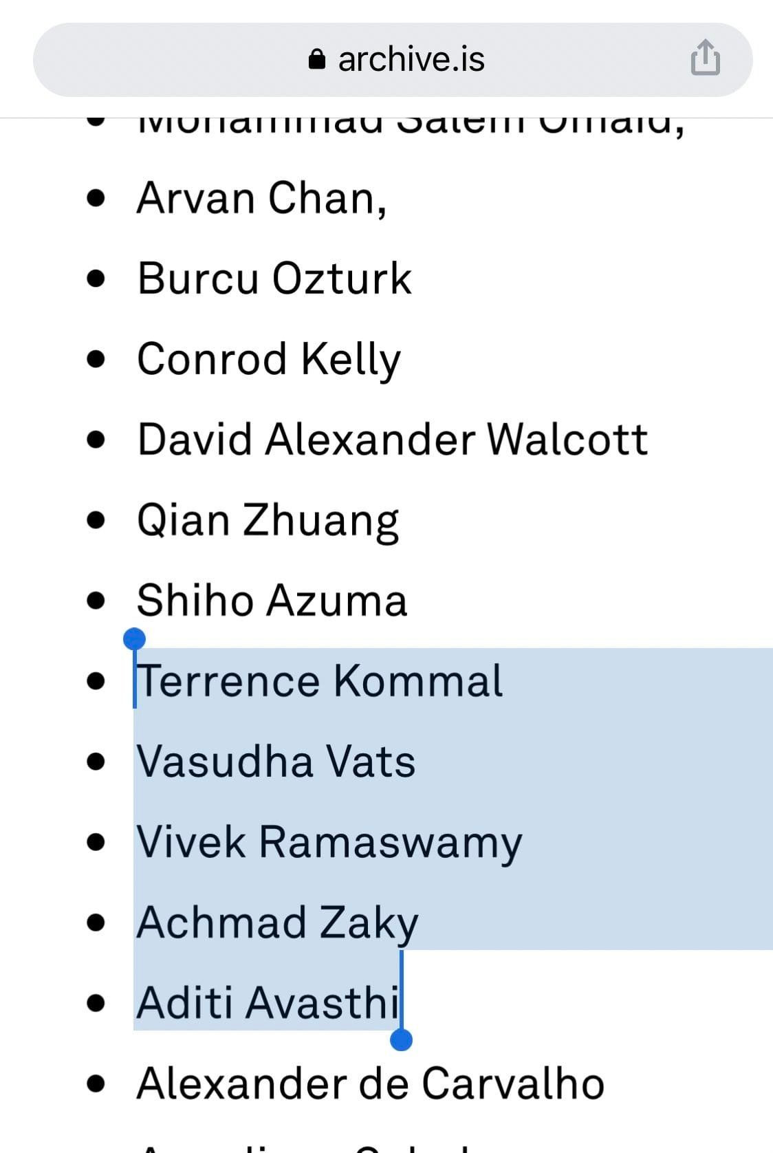 May be an image of text that says 'archive.is Monamimnau satemn σπαιu, Arvan Chan, Burcu Ozturk Conrod Kelly Davio Alexander Walcott Qian Zhuang Shiho Azuma Terrence Kommal Vasudha Vats Vivek Ramaswamy Achmad Zaky Aditi Avasthi Alexander de Carvalho'
