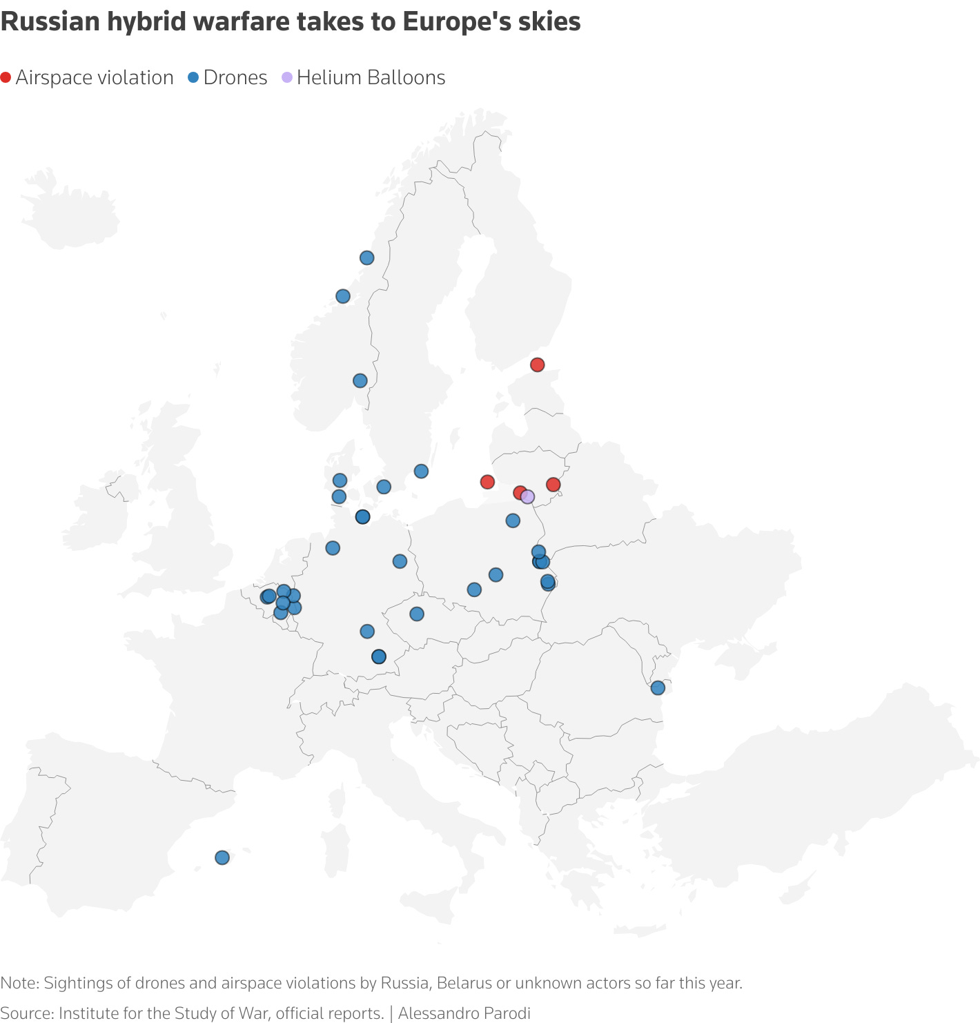 The map shows sightings of drones and airspace violations in Europe by Russia, Belarus or unknown actors so far this year. The map shows sightings of drones and airspace violations in Europe by Russia, Belarus or unknown actors so far this year.