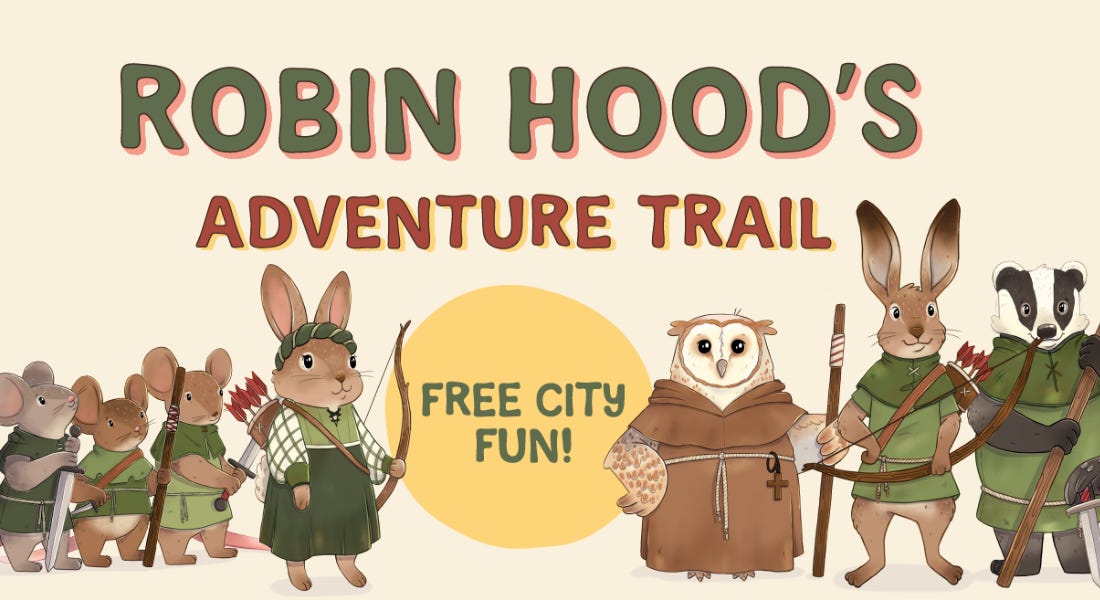 Three mice, one rabbit, one owl, another rabbit, and a badger illustrated, with the words 'Robin Hood's Adventure Trail' above it
