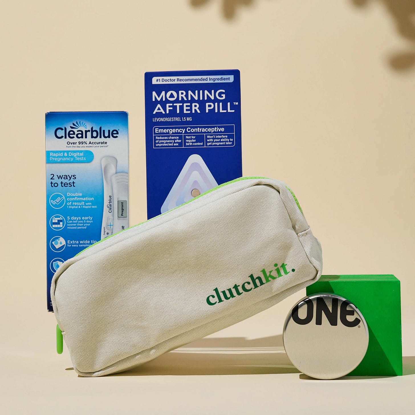 A ClutchKit pouch with a pregnancy test, Morning After pill and a pack of condoms. A ClutchKit pouch with a pregnancy test, Morning After pill and a pack of condoms.