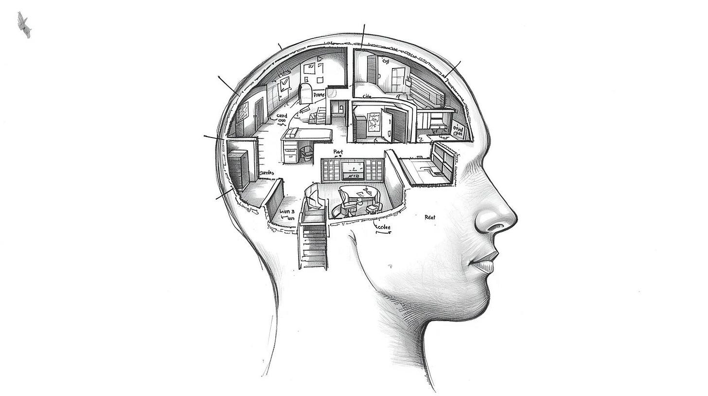 Head cross-section revealing an office floor plan with named corridors instead of thoughts Head cross-section revealing an office floor plan with named corridors instead of thoughts
