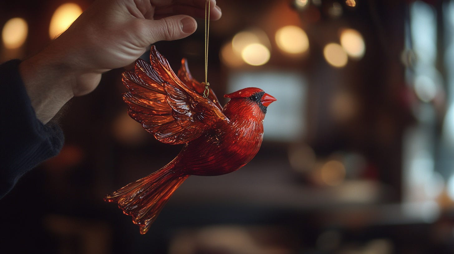 A close-up of a hand holding a beautifully crafted red glass cardinal ornament. The bird’s wings are spread as if in flight, and the intricate details of the glasswork are highlighted by the warm, ambient lighting in the background. This image captures the elegance and artistry of glass ornaments, making it perfect for holiday decor inspiration or showcasing handmade crafts.