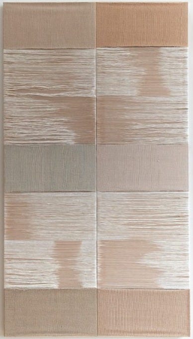 Carolina Jiménez, The Setting Sun on Your Face, 2025. A tall rectangular weaving in pale peach, blush and cream, with loose horizontal threads showing through in streaks across the surface. Carolina Jiménez, The Setting Sun on Your Face, 2025. A tall rectangular weaving in pale peach, blush and cream, with loose horizontal threads showing through in streaks across the surface.