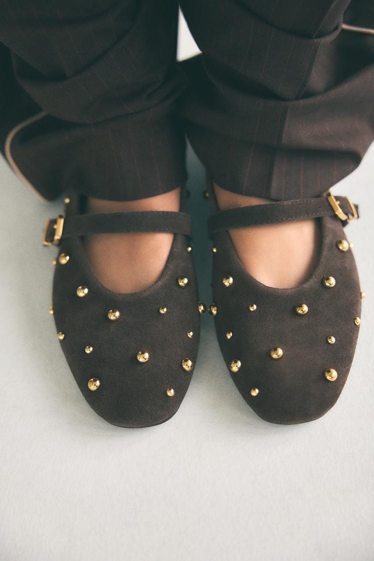 Zara STUDDED SUEDE MARY JANES - Brown - Image 1