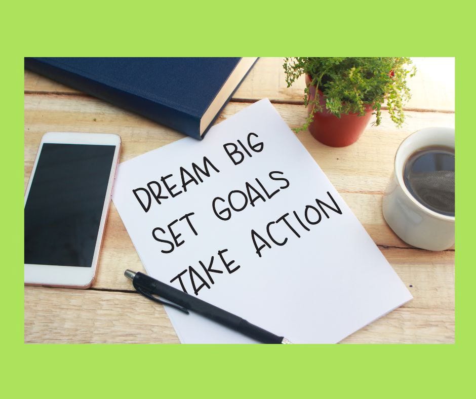 Image of paper with "dream big, set goals, take action" written on it Image of paper with "dream big, set goals, take action" written on it