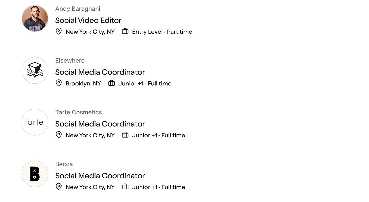 Screenshot of open positions on the Link in Bio job board. You can find them all at the link below.