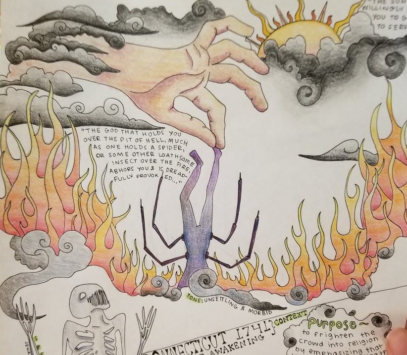 Drawing of stormclouds from which a huge pale hand holds a person dangling by one foot over a huge crevice of hellfire. A gaunt / skeletal being stands with arms raised looking up towards the figure. Text from Edwards' sermon is also on the page, as is notes on the sermon's "Purpose: to frighten the crowd into religion..."