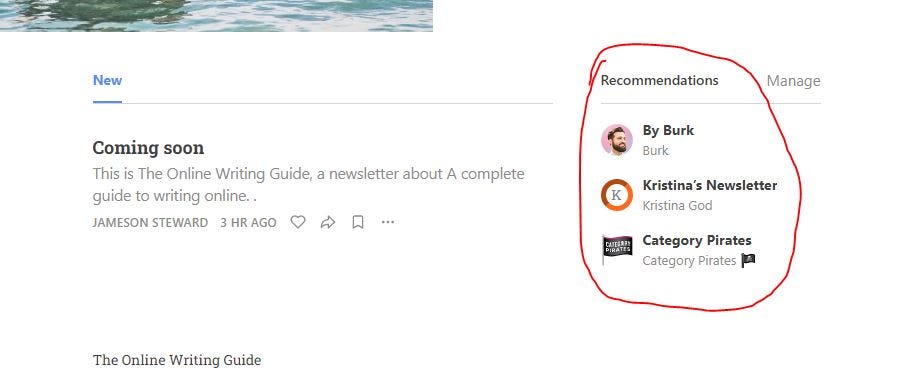 Recommendations on a Substack homepage.