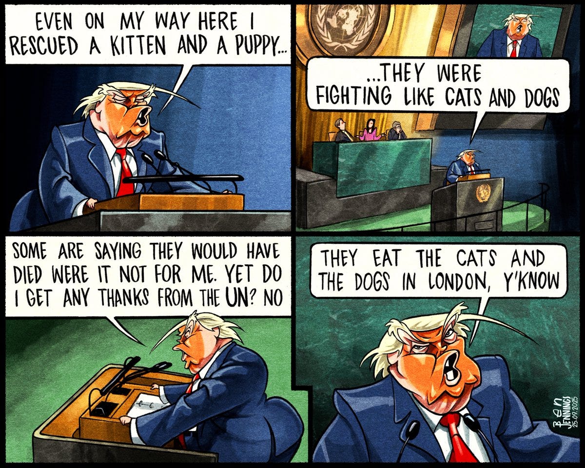 Donald Trump speaking at a podium with microphones, depicted in a cartoon style. He has exaggerated facial features and gestures, wearing a suit and red tie. The background shows a UN setting with a large emblem. Text bubbles contain his dialogue: "Even on my way here I rescued a kitten and a puppy... they were fighting like cats and dogs," "Some are saying they would have died were it not for me. Yet I did not get any thanks from the UN? No," "They eat the cats and the dogs in London, y\'know." A watermark reads "BJennings90."