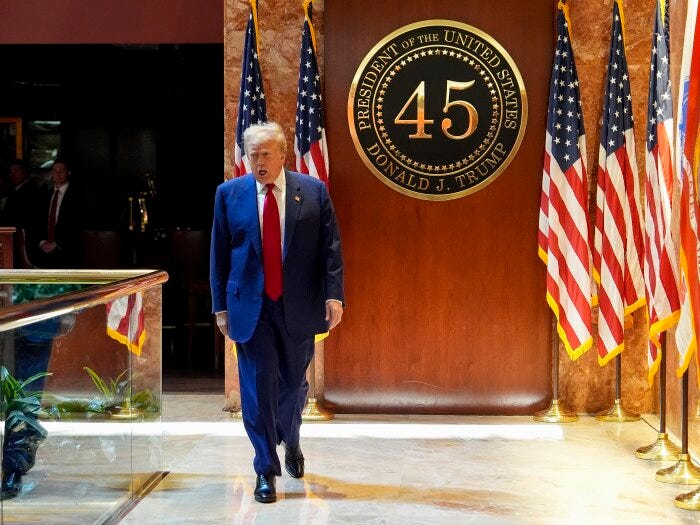 Former President Donald Trump arrives to speak at a news conference at Trump Tower, Friday, May 31, in New York.