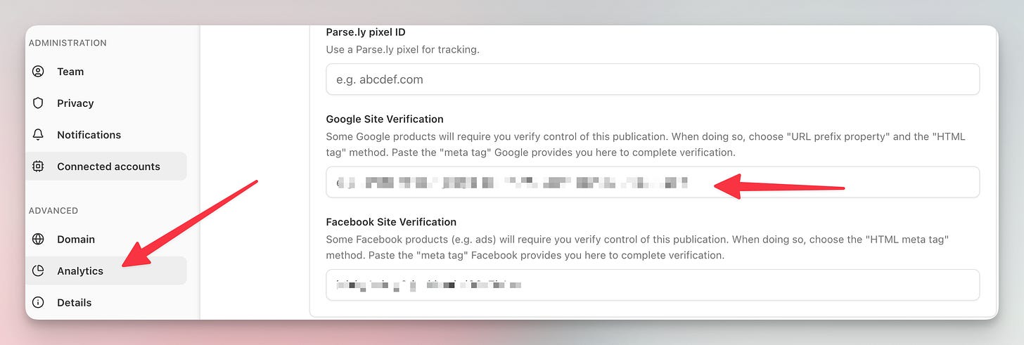 Pasting the Google Search Console HTML verification tag into the Analytics section of Substack settings