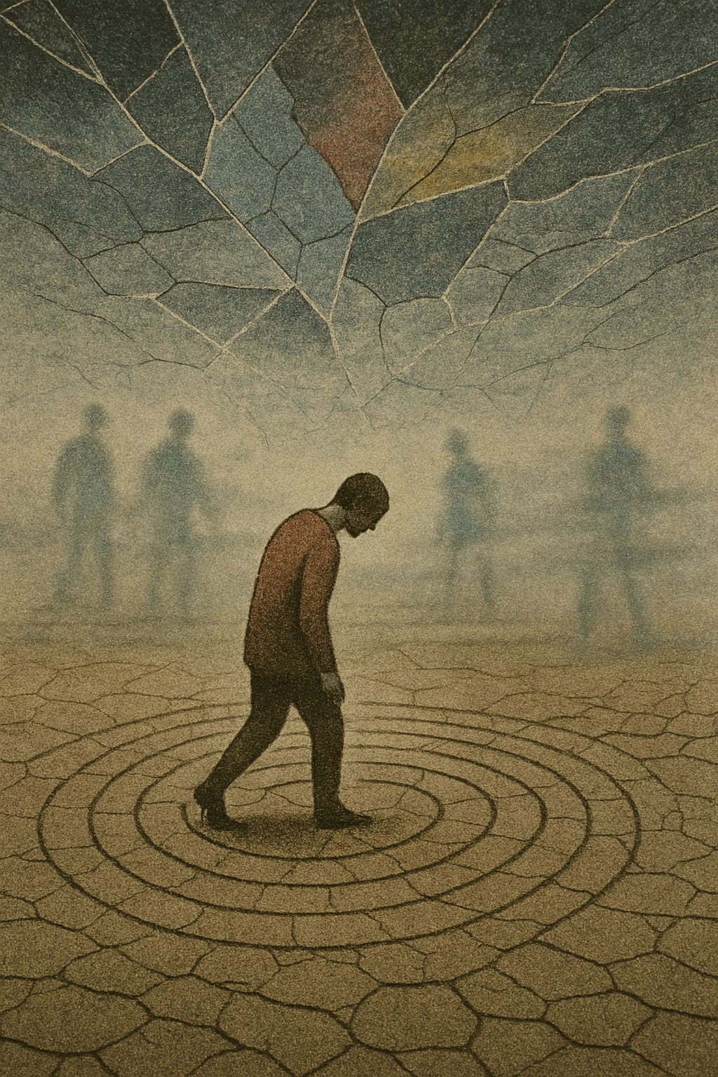 Surreal image of a person walking in circles on cracked, dry ground under a fragmented sky, with faded ghost-like figures in the background, symbolising distorted recognition loops, emotional fragmentation, adaptive yielding, and recognition collapse in the Mirror Paradigm framework.