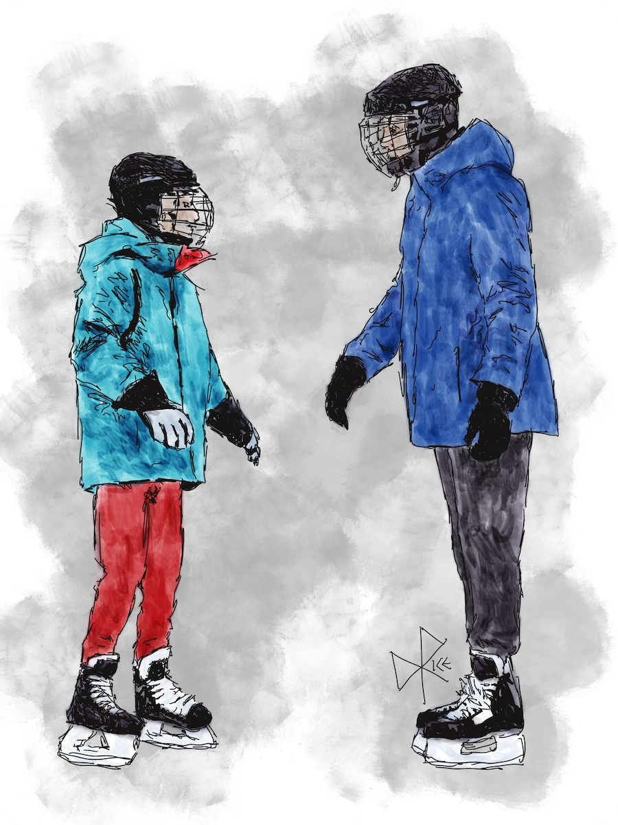 A man and a young boy, both wearing skates, talk over skills lessons on the ice rink. Sketch art by Don Rice.