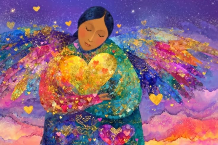 This may contain: a painting of a woman holding a heart in her arms with hearts all over it This may contain: a painting of a woman holding a heart in her arms with hearts all over it