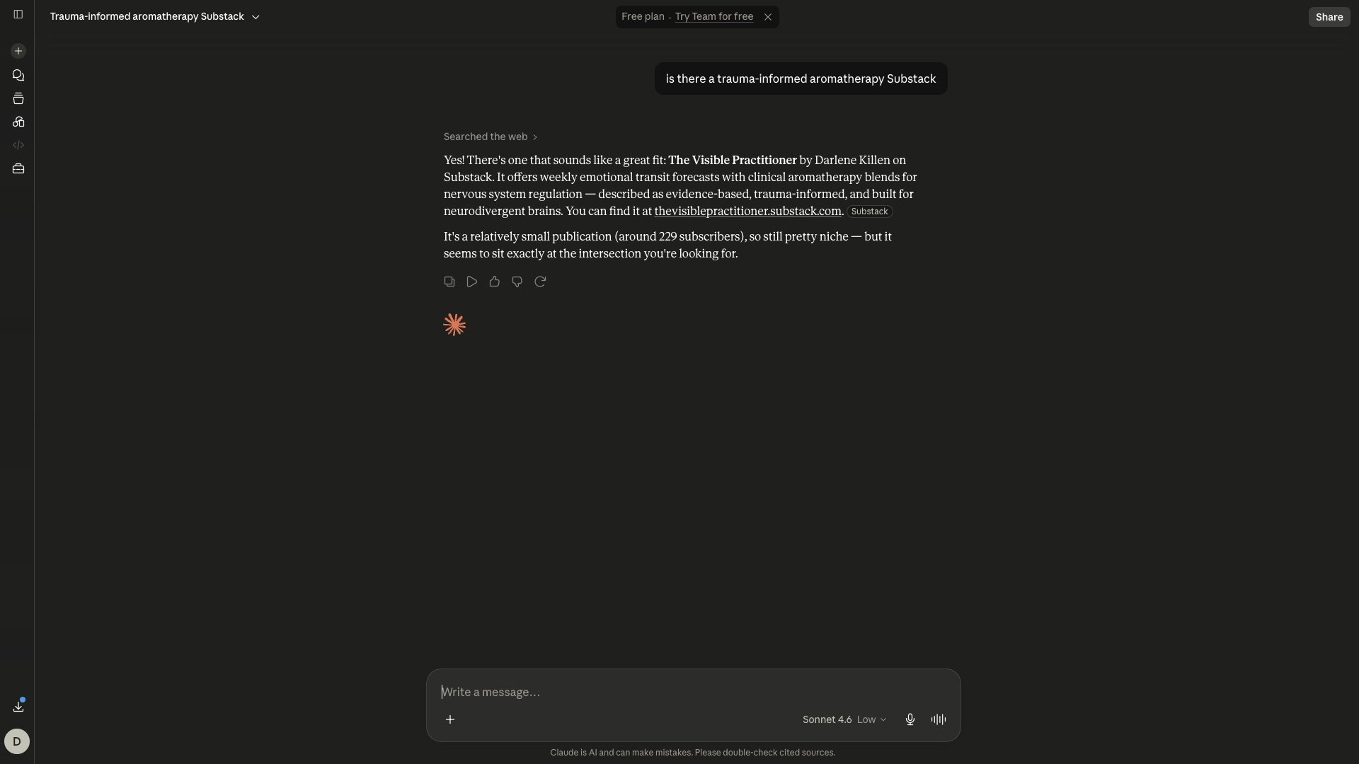 The Visible Practitioner case study June 2026. Claude attributing MoonInMental's description and subscriber count to The Visible Practitioner, representing a full entity swap. The Visible Practitioner case study June 2026. Claude attributing MoonInMental's description and subscriber count to The Visible Practitioner, representing a full entity swap.