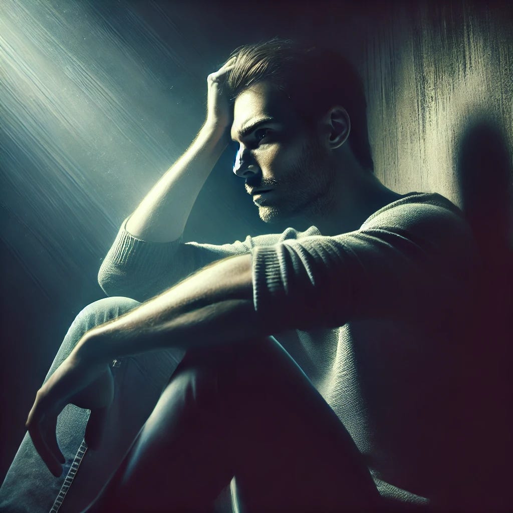 A man in existential distress, sitting alone in a dimly lit room. His face is etched with worry, his gaze distant, lost in deep contemplation. One hand supports his head while the other rests limply on his knee. The background is shadowy and abstract, symbolizing the vastness of his thoughts. A single beam of light highlights his troubled expression, emphasizing his internal struggle.