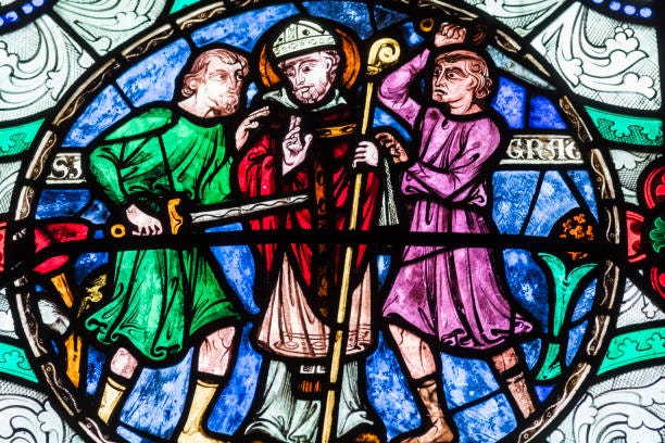 England, Kent, Canterbury, Canterbury Cathedral, Stained Glass Window depicting The Murder of Thomas Becket Archbishop of Cantebury from 1162-1174,...