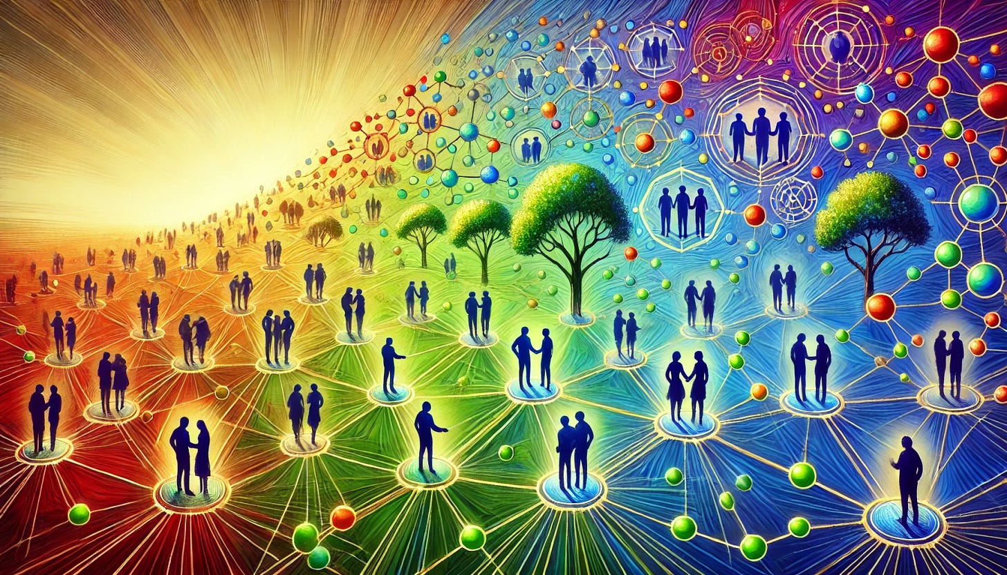 A multicolor landscape illustration showing the compounding effect through relationships and networking. The image features a web of connected people, with handshakes and circles representing strong bonds and relationships. Each connection grows stronger over time, symbolizing the power of networking. The network expands outward with vibrant colors like blue, green, and yellow, representing trust, opportunities, and collaboration. The image shows figures at various points in the network, growing in influence and impact as the connections compound over time.