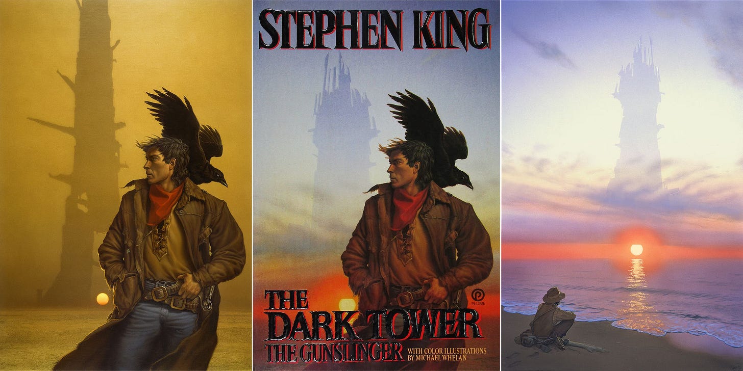Three images (left to right) showing GUNSLINGER '88, the plume trade paperback cover of THE GUNSLINGER, and GUNSLINGER ON THE BEACH to illustrate how elements of both paintings were used to create the cover.