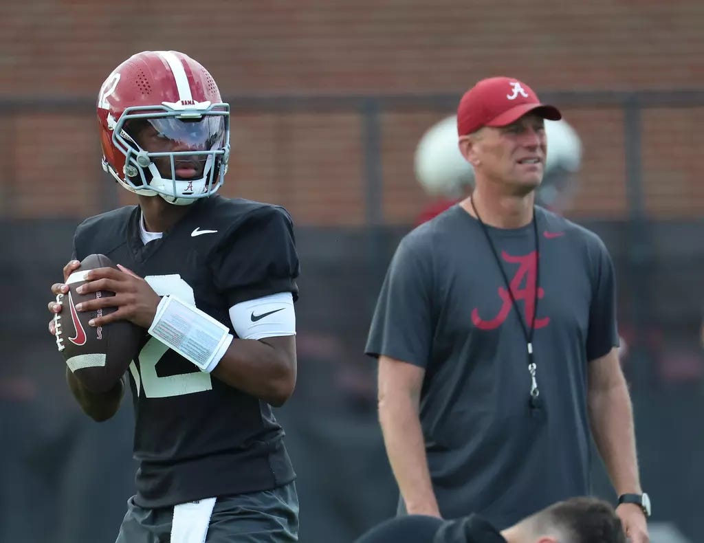 260416 last spring practice - Image 12: 4/16/26 MFB MFB Last spring  practice Alabama Quarterback Keelon Russell (12)_ Alabama Football Head  Coach Kalen DeBoer Photo by Kent Gidley - Alabama