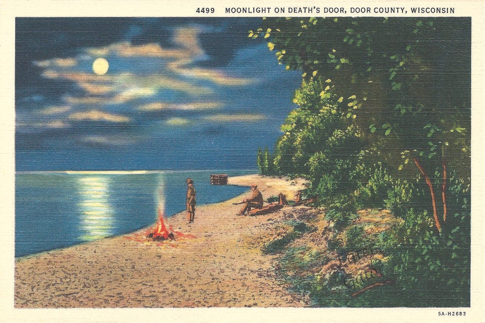 Vintage postcard of a colourful illustration of a moonlit lake and sandy shore hedged with woodland. Two people are in the scene, looking our to the moonlight on the lake. A small bonfire is burnging, sending up a small plume of smoke