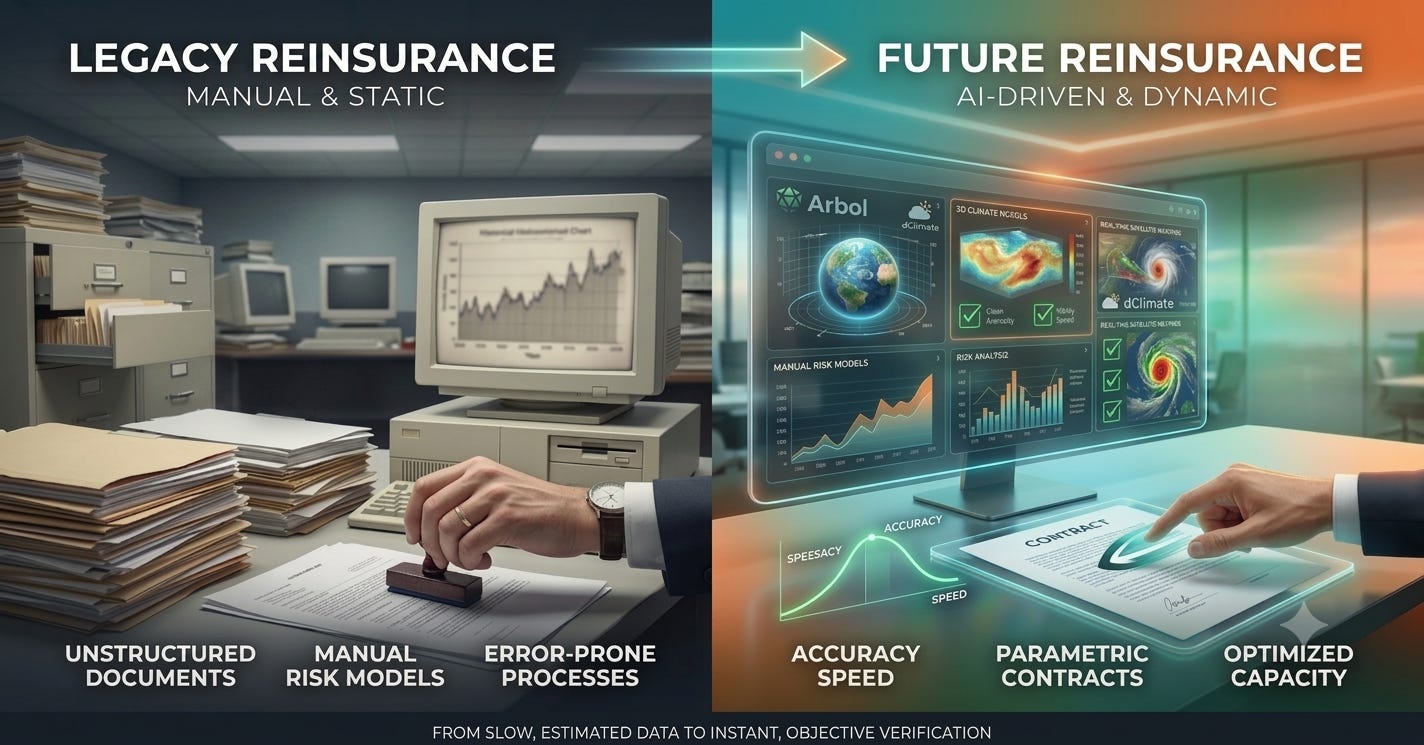 Split-screen image comparing old-fashioned, paper-heavy manual reinsurance processes with modern, AI-powered real-time climate risk modeling and digital parametric contracts, representing Philippe Heilberg's article on how AI is solving reinsurance's data input problem. Split-screen image comparing old-fashioned, paper-heavy manual reinsurance processes with modern, AI-powered real-time climate risk modeling and digital parametric contracts, representing Philippe Heilberg's article on how AI is solving reinsurance's data input problem.