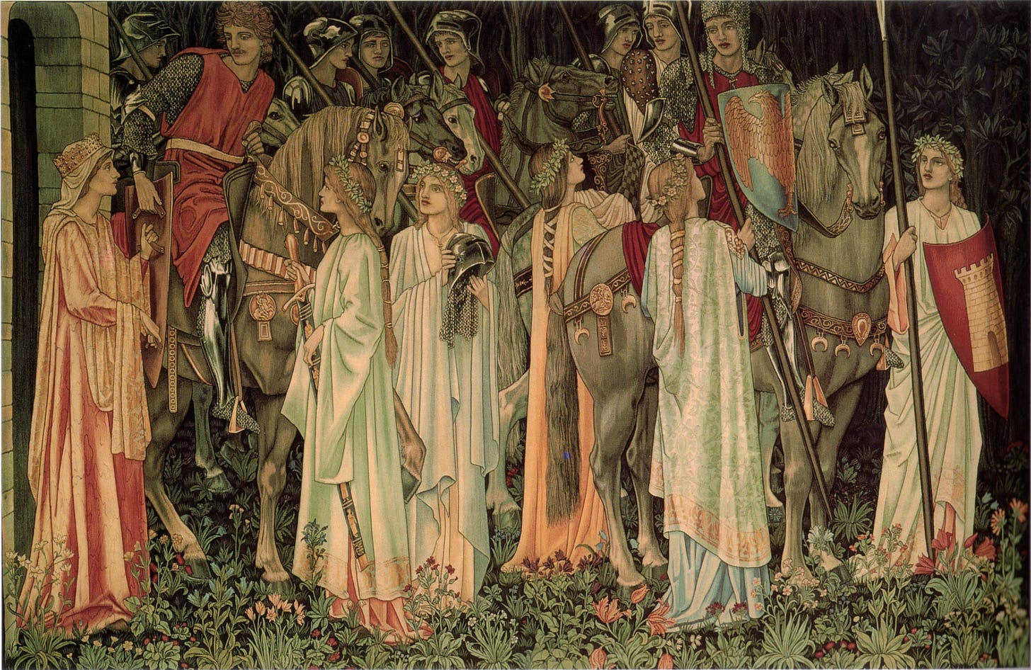The Arming and Departure of the Knights, one of the Holy Grail tapestries, 1890s, figures by Burne-Jones. The Arming and Departure of the Knights, one of the Holy Grail tapestries, 1890s, figures by Burne-Jones.