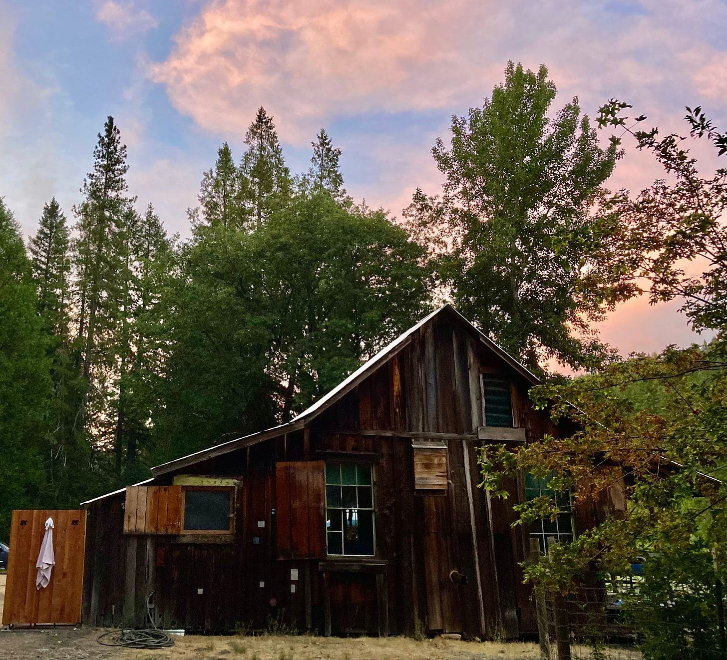 A rustic cabin surrounded by evergreen trees and a pink and blue sky
