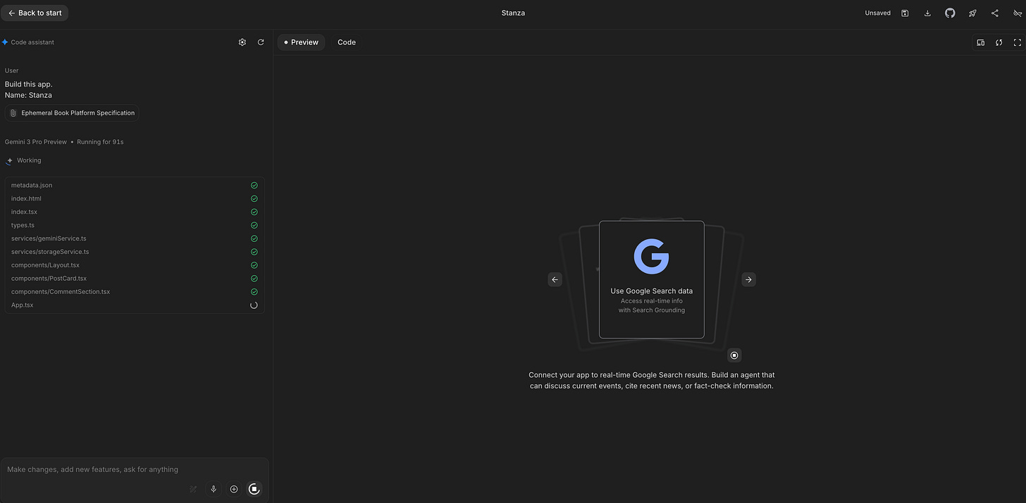 The Google AI Studio interface displays a loading screen while generating code files on the left menu. The Google AI Studio interface displays a loading screen while generating code files on the left menu.