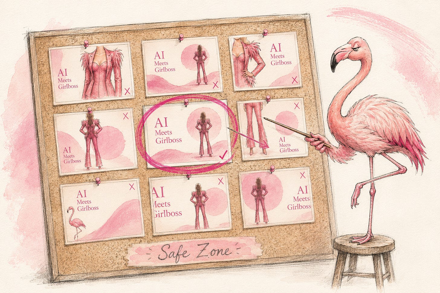 Illustration of a flamingo pointing to the center image in a 3x3 grid, with surrounding images marked with an X and the center marked Safe Zone