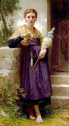 Dipinto realistico di una giovane donna in abiti classicheggianti, una gonna viola e una blusa gialla. Ha i capelli raccolti dietro la nuca con delle trecce e i piedi scalzi. Nella mano sinistra ha un bastone su cui è avvolta lana grezza, nella mano destra regge un fuso con cui fila la lana. Ha uno sguardo assorto. Dipinto realistico di una giovane donna in abiti classicheggianti, una gonna viola e una blusa gialla. Ha i capelli raccolti dietro la nuca con delle trecce e i piedi scalzi. Nella mano sinistra ha un bastone su cui è avvolta lana grezza, nella mano destra regge un fuso con cui fila la lana. Ha uno sguardo assorto.