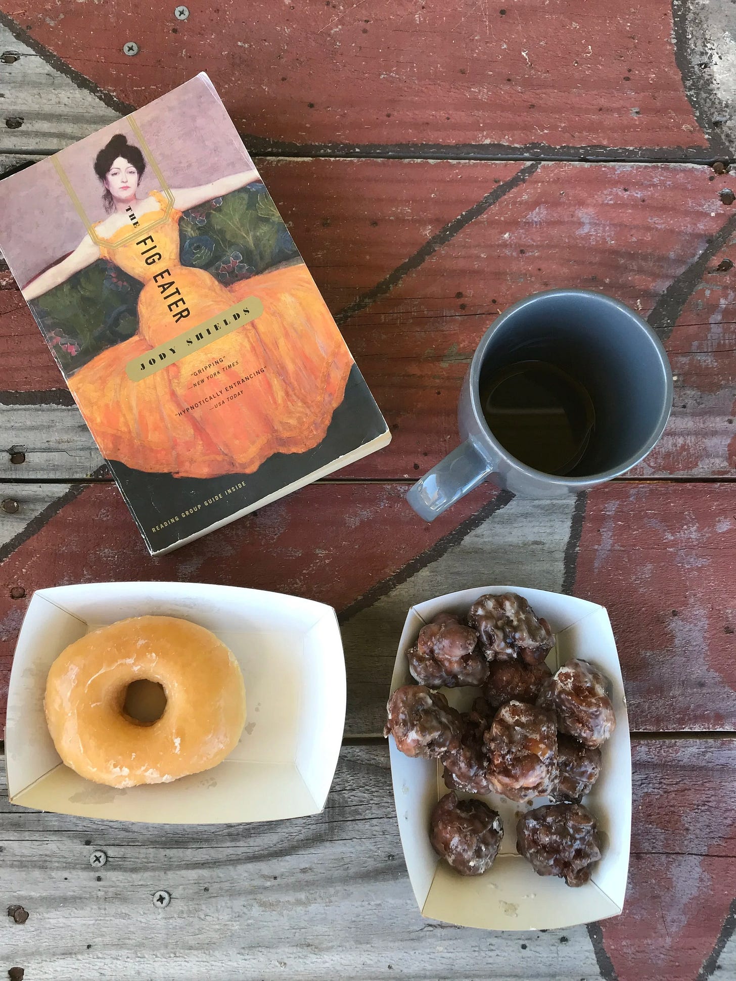  Glazed donut, spiced apple bite-sized donuts from Cajun Market Donut Company in Breaux Bridge, LA and my reading of the day as well as my personally brewed cup of coffee! 