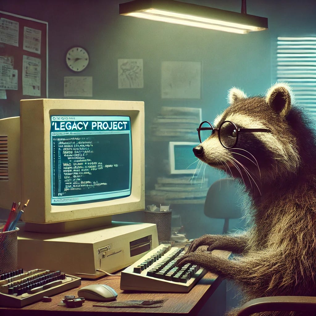 An elderly developer raccoon working on a dusty old computer in a dimly lit office. The scene illustrates a 'legacy project' environment, with retro code on the screen, old hardware, and a sense of wisdom and patience. The raccoon looks experienced and focused.