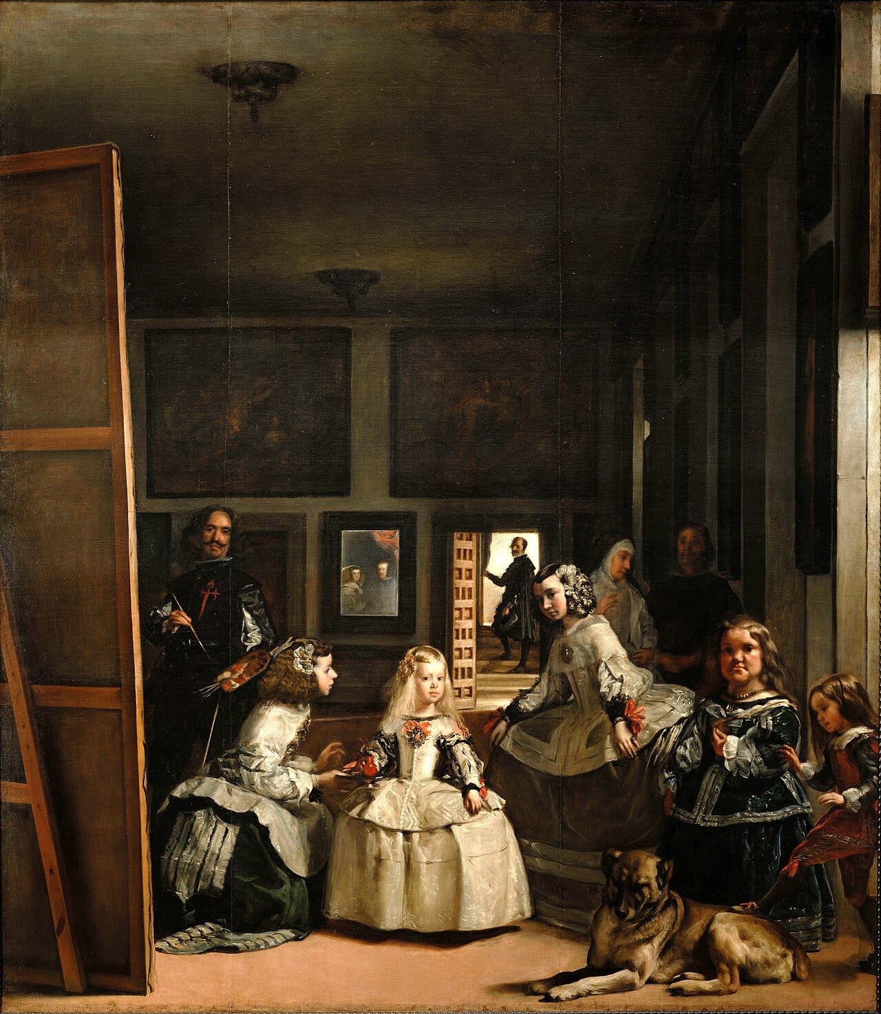 A painter at his easel at the left of a crowded royal room, with a small princess at the center