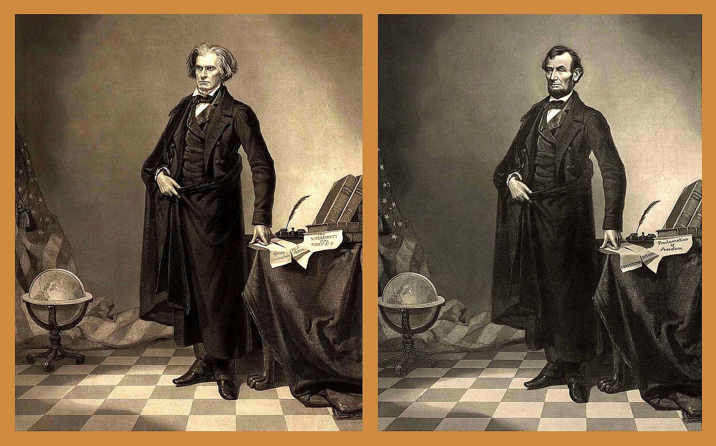 Side-by-side comparison of 1852 engraving of John Calhoun and subsequent superimposition of Abraham Lincoln's head, an early photo manipulation Side-by-side comparison of 1852 engraving of John Calhoun and subsequent superimposition of Abraham Lincoln's head, an early photo manipulation