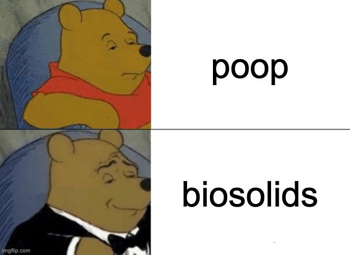 Tuxedo Winnie the Pooh meme. Plain Pooh beside "poop," and Pooh in a tuxedo beside "biosolids."