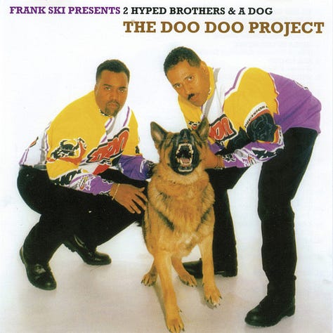 These images show vinyl art by African-American rappers from the late 1980s and early 1990s: Fast Eddie, The Wee Papa Girl Rappers, 2 Hyped Brothers & A Dog, and KC Flightt