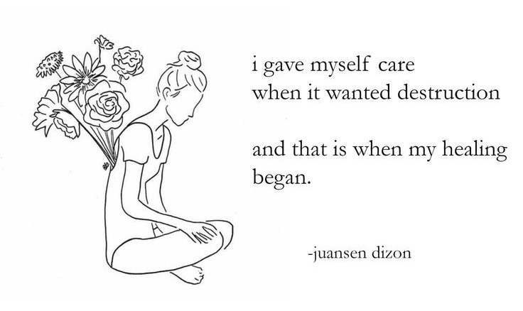 This may contain: a woman sitting on the ground with flowers in her hand and an inspirational quote above it