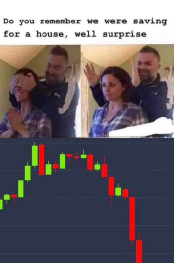 Meme image split into four panels first panel shows a man covering his eyes with hands second panel shows a woman covering her eyes with hands third panel shows the woman praying with hands together fourth panel shows the man waving hand bottom section displays a candlestick chart with green and red bars indicating severe downward price movement in financial market