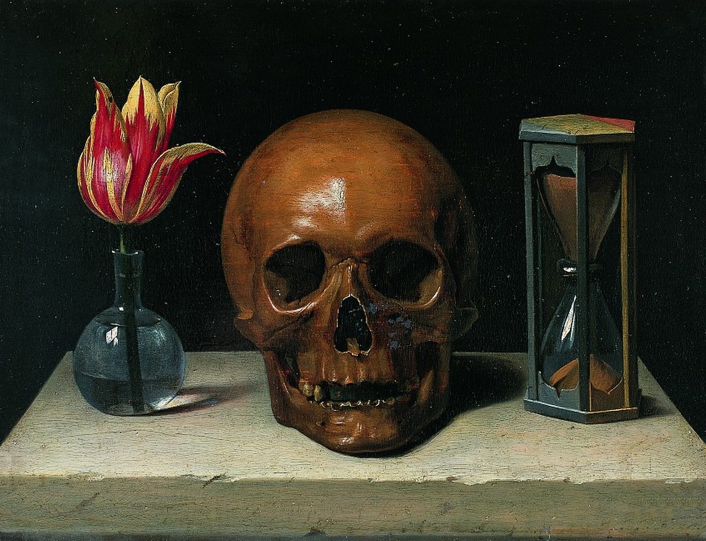 an oil painting with a tulip in a vase, a skull, and an hourglass