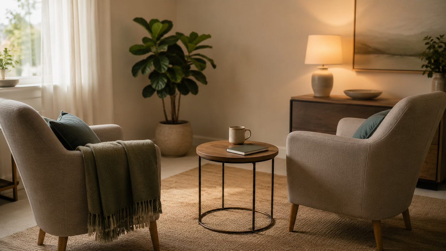Two comfortable armchairs in a calm private coaching space, representing emotionally safe one-to-one Clinical EFT support.