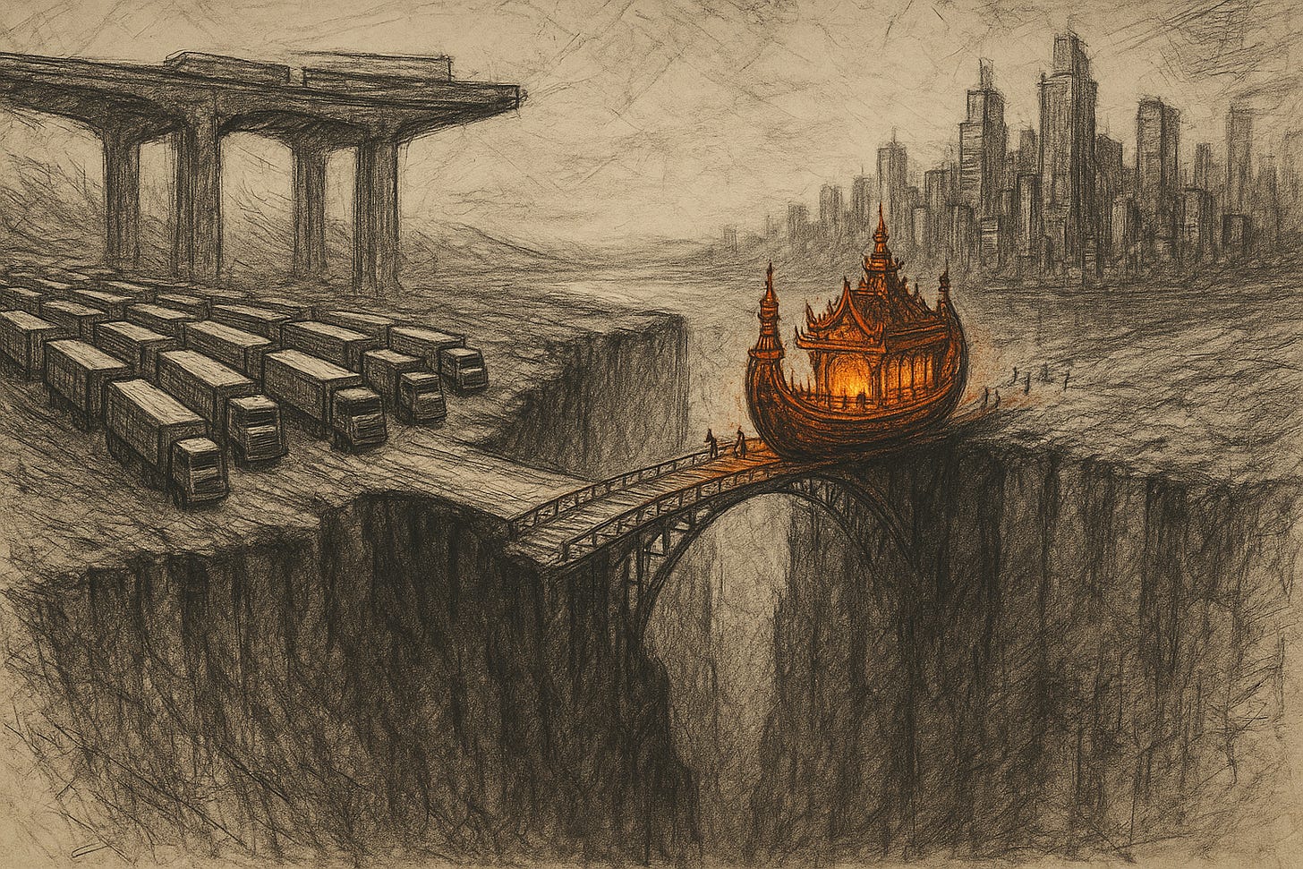 A hand-sketched, mixed-media drawing of a large, ornate barge crossing a small, delicate bridge to a city, while a long line of industrial trucks waits for a much larger, unfinished highway. A hand-sketched, mixed-media drawing of a large, ornate barge crossing a small, delicate bridge to a city, while a long line of industrial trucks waits for a much larger, unfinished highway.