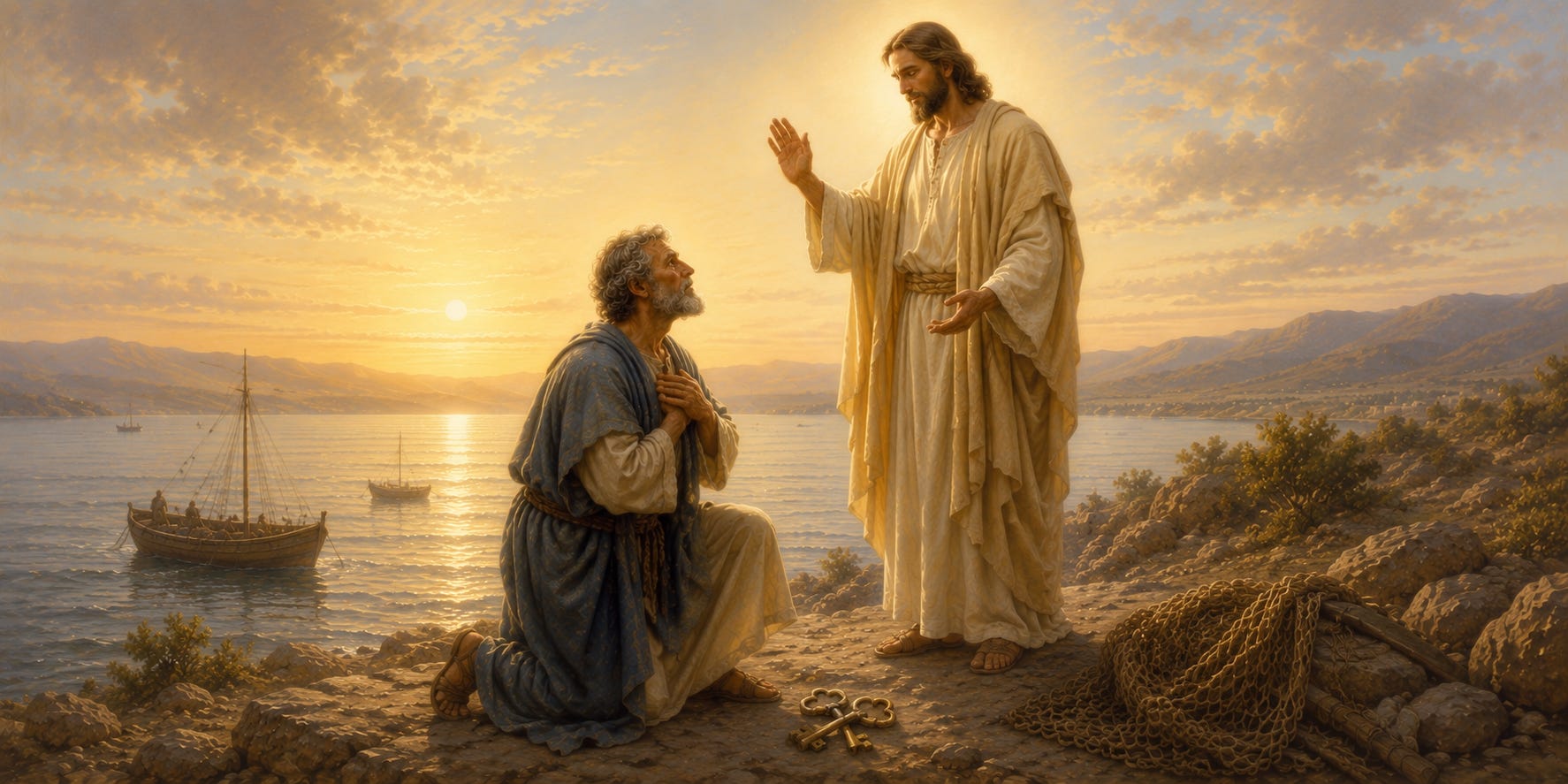 Jesus stands beside the Sea of Galilee blessing the kneeling Apostle Peter. Fishing boats rest on the water in the background, while nets and keys lie on the shore, symbolizing Peter's call to lead the Church. Jesus stands beside the Sea of Galilee blessing the kneeling Apostle Peter. Fishing boats rest on the water in the background, while nets and keys lie on the shore, symbolizing Peter's call to lead the Church.